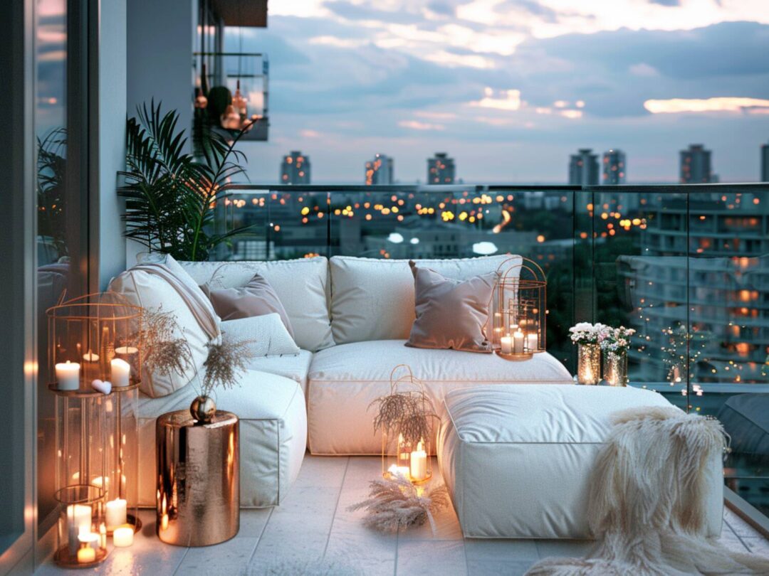 Jak zaaranżować balkon w stylu glamour z narożnikiem i dekoracyjnym oświetleniem