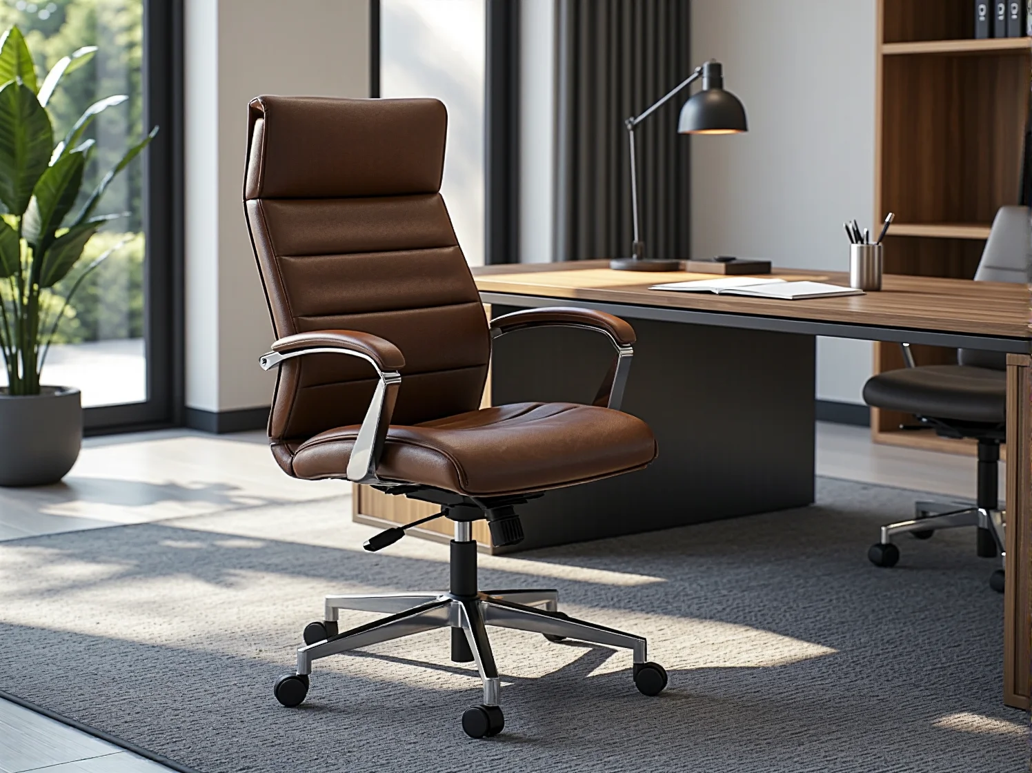 Robot przemysłowy i system AI optymalizujący produkcję w fabryce mebli.