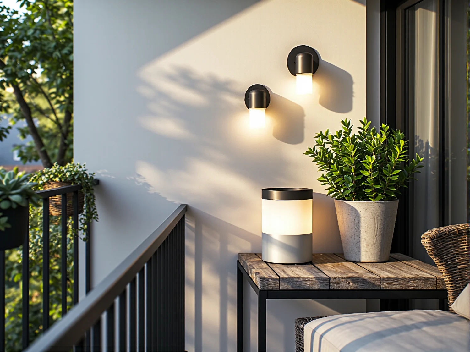 Aranżacja balkonu scandi z białymi meblami ogrodowymi i girlandami świetlnymi LED.