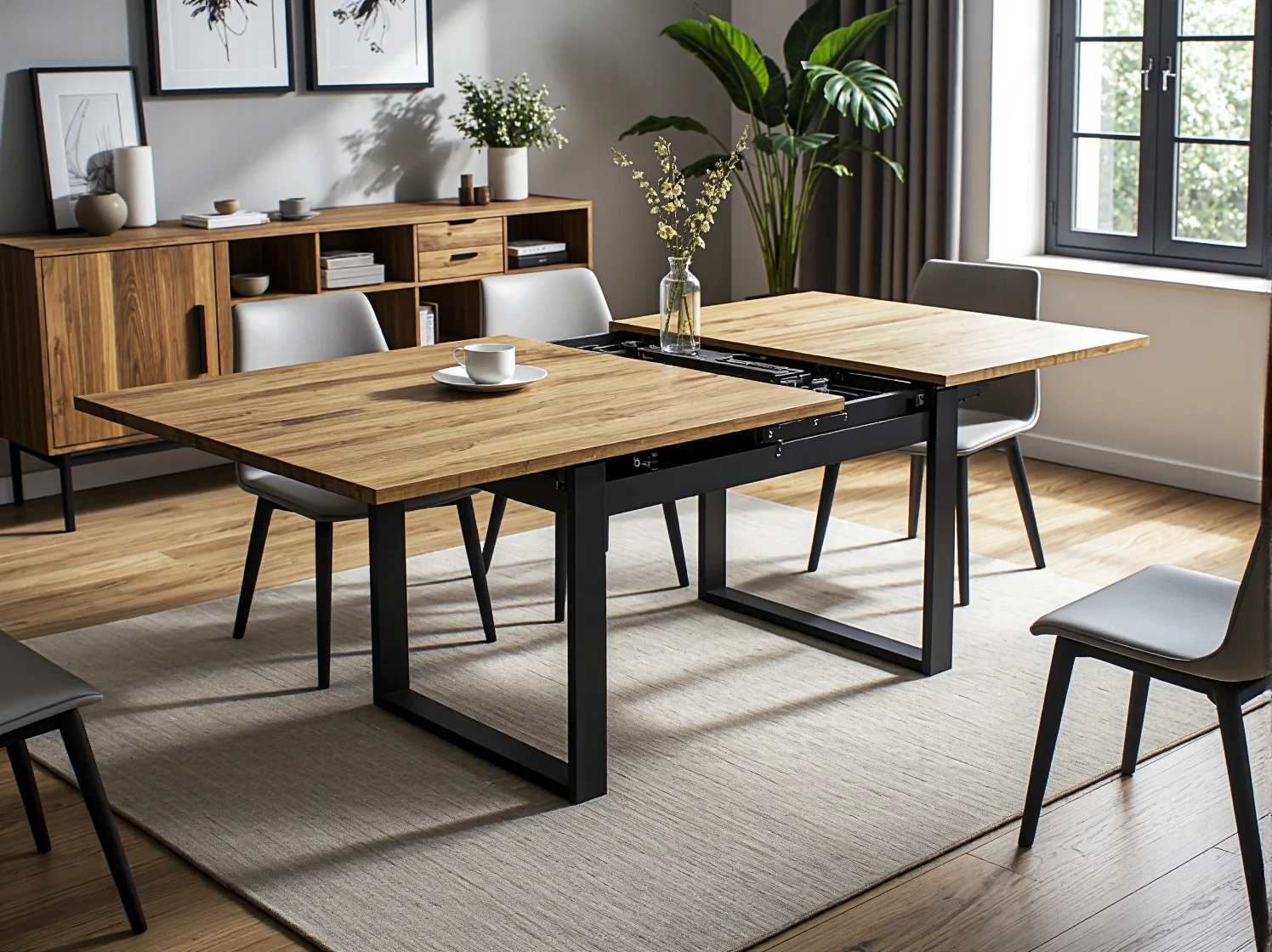 Aranżacja jadalni w kawalerce ze składanym stołem dla gości - praktyczne rozwiązania.