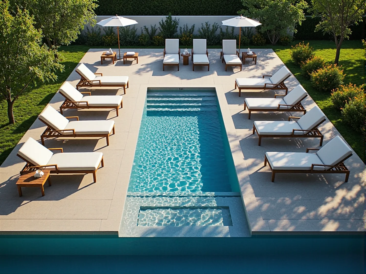 Stylowa aranżacja mebli basenowych z wygodnymi leżakami i stolikiem kawowym w ogrodzie.
