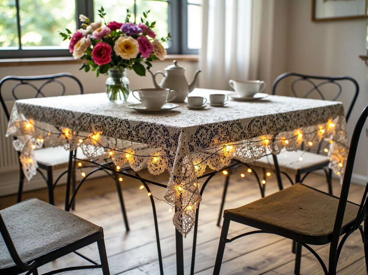 Drewniane meble ogrodowe w stylu retro i nastrojowe oświetlenie LED o ciepłej barwie.