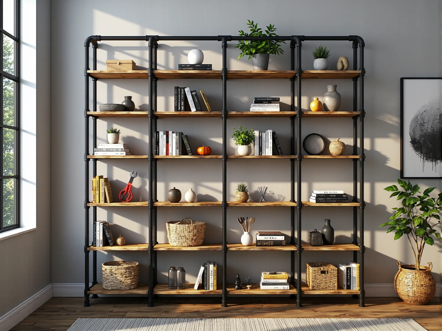 Stylowa aranżacja salonu w stylu loft z wykorzystaniem półki z recyklingu.