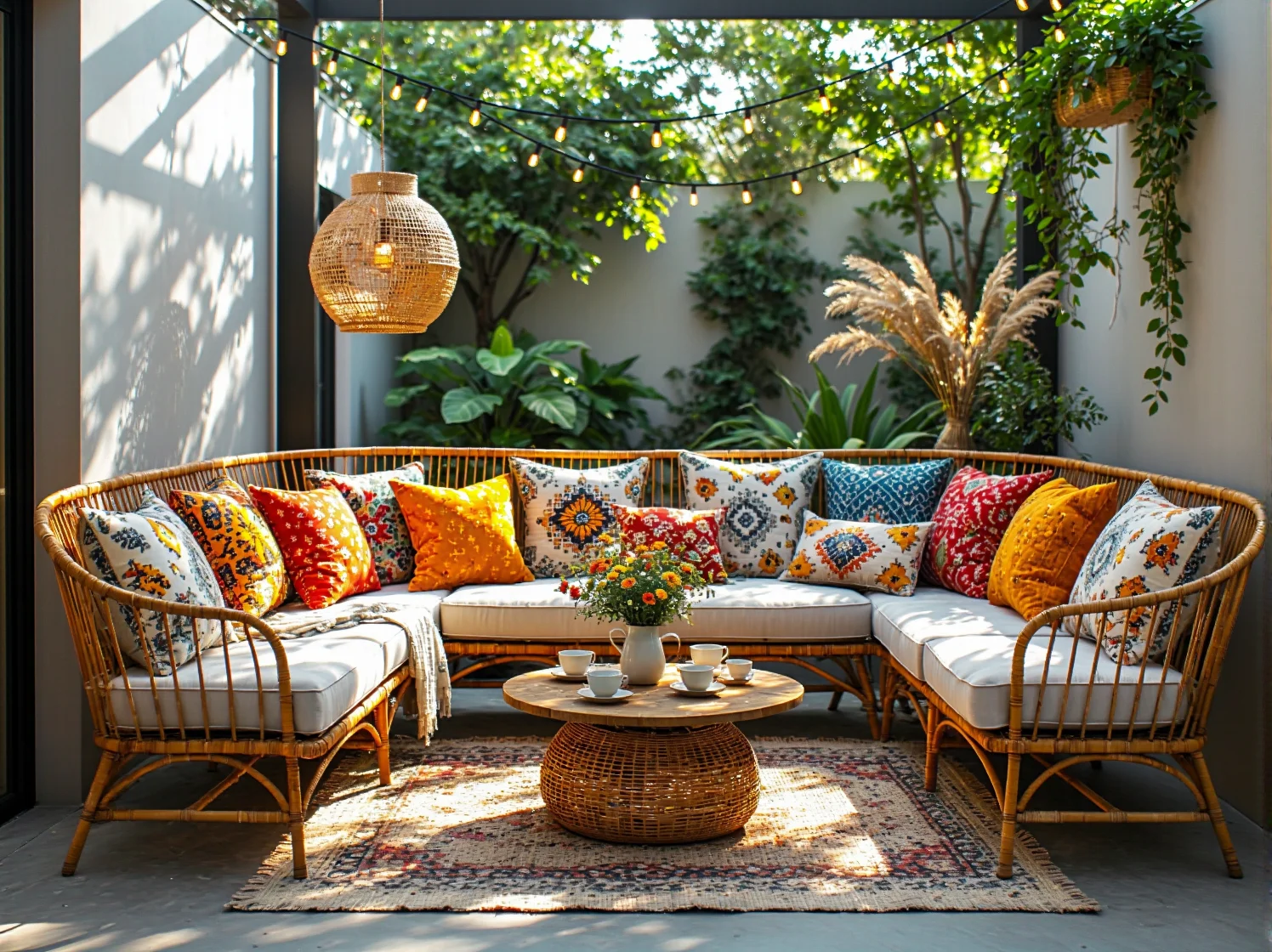 Stylowa ławka ogrodowa z bambusa w aranżacji boho z lampionami i roślinami.