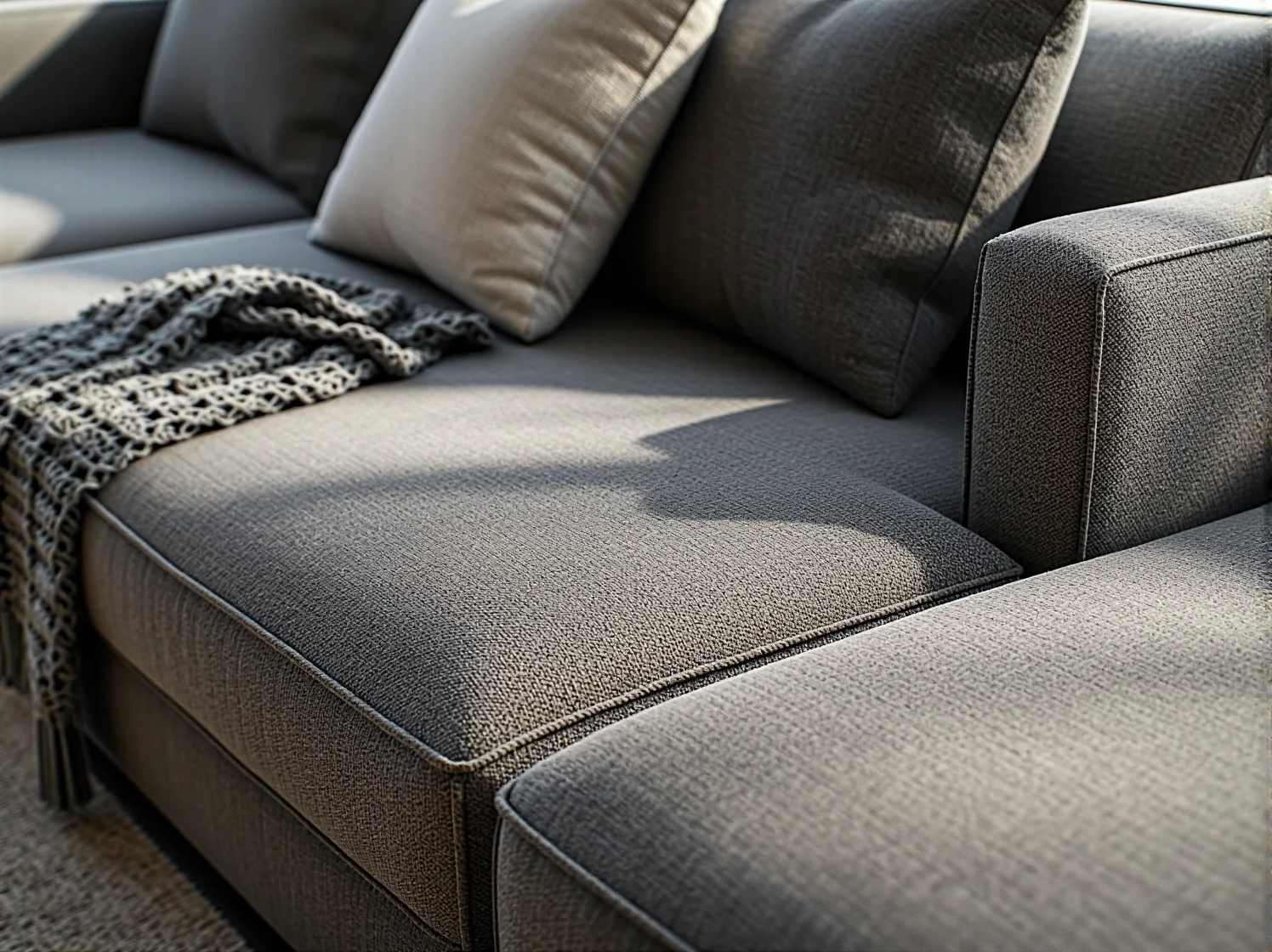 Trwała tkanina obiciowa narożnika w odcieniu beżowym - szczegóły splotu i wysokiej jakości materiału.