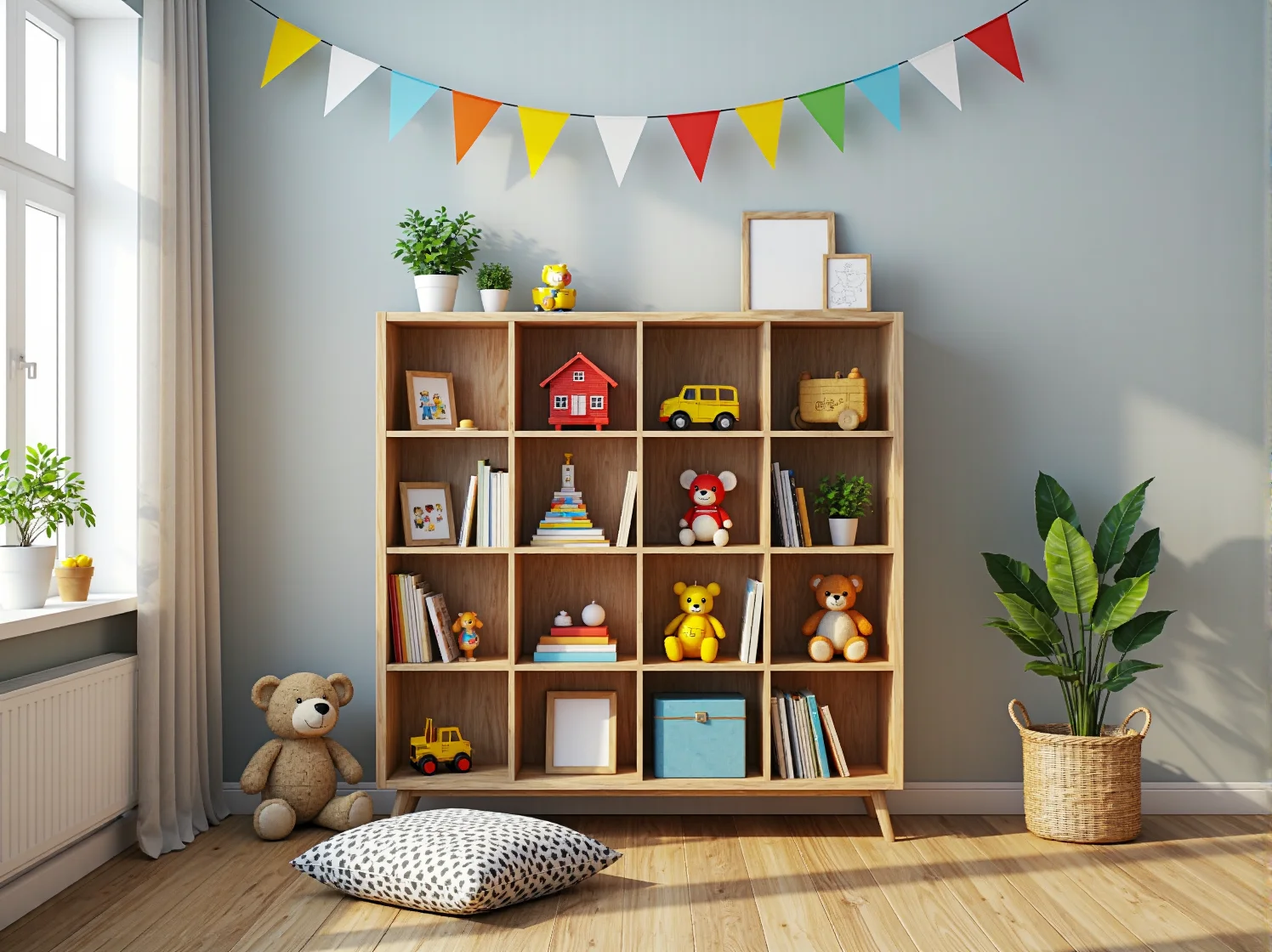 Bezpieczny, niski regał vintage z zaokrąglonymi krawędziami w kolorowym pokoju dziecka.