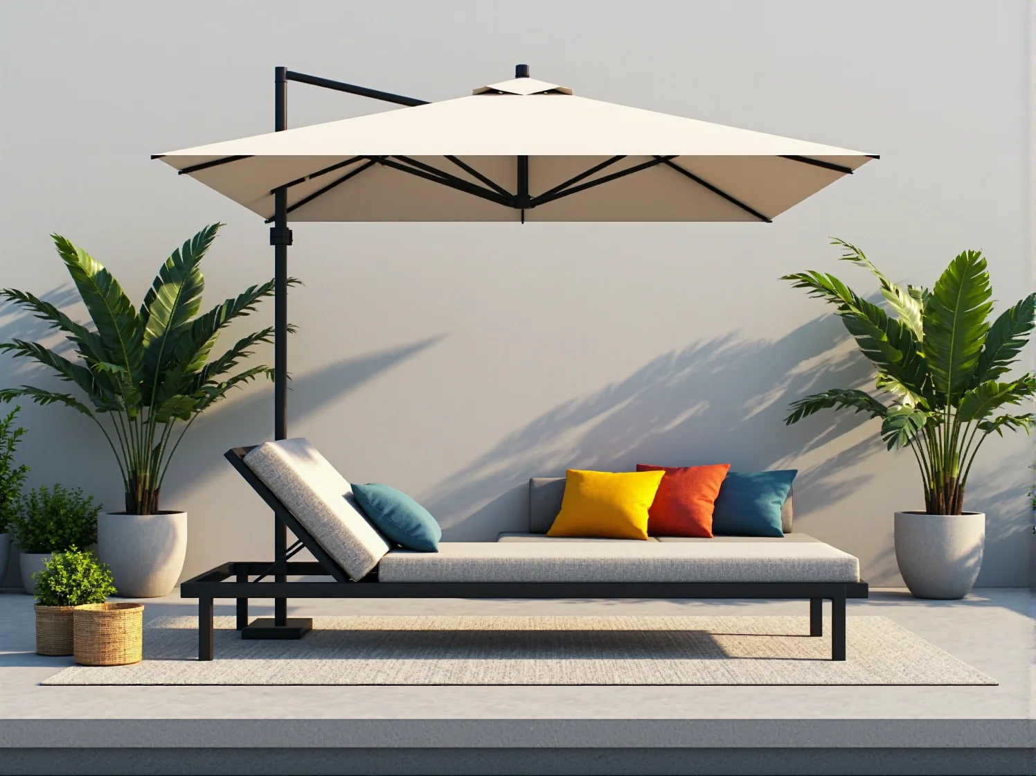 Białe leżaki basenowe z regulowanym oparciem, idealne do opalania się w przydomowym ogrodzie.