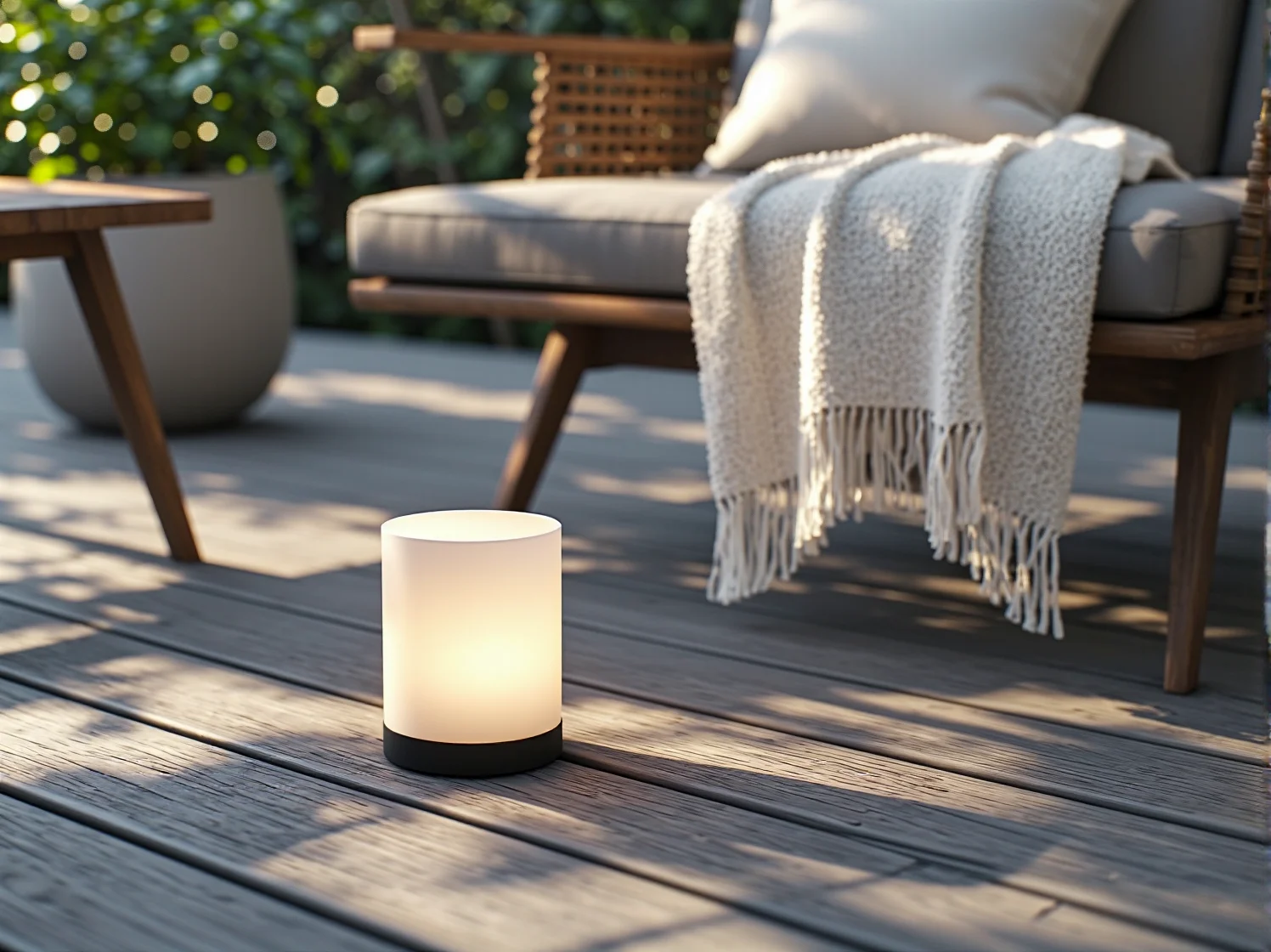 Przytulne szare tekstylia i białe dekoracje na tarasie skandynawskim oświetlonym lampami LED.