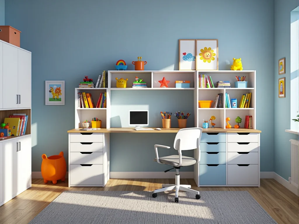 Białe biurko dziecięce z szufladami i nadstawką z półkami