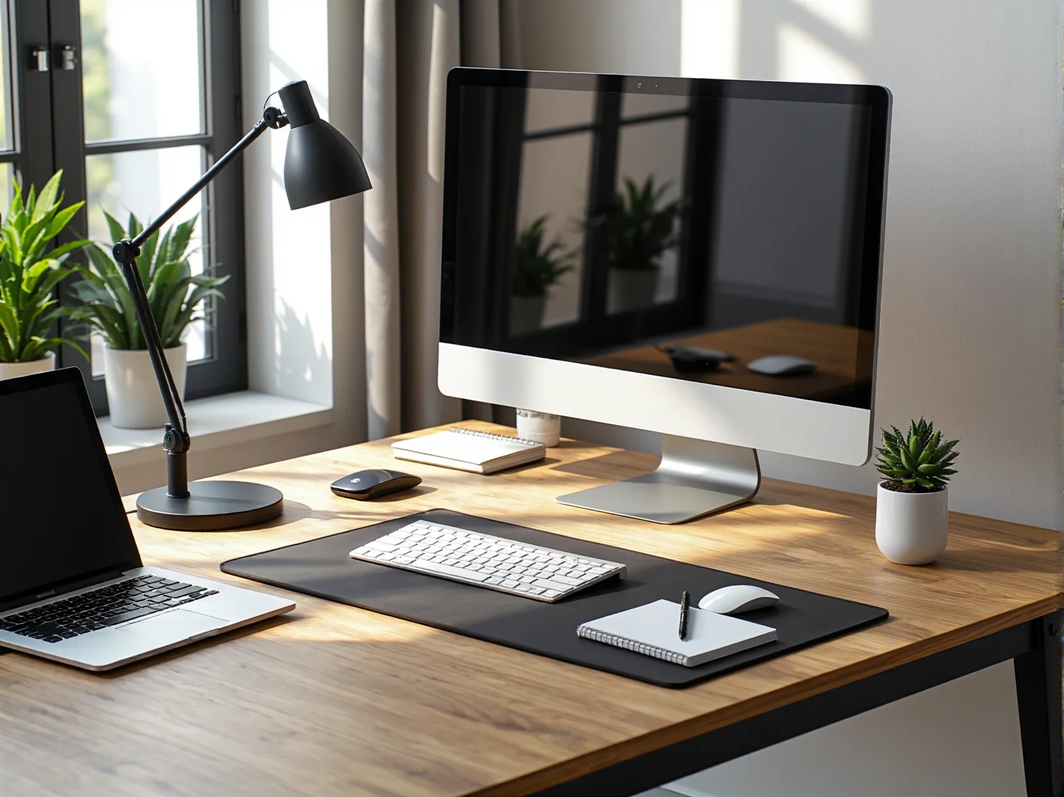 Szerokie biurko z regulacją wysokości idealne do pracy kreatywnej w domowym biurze.