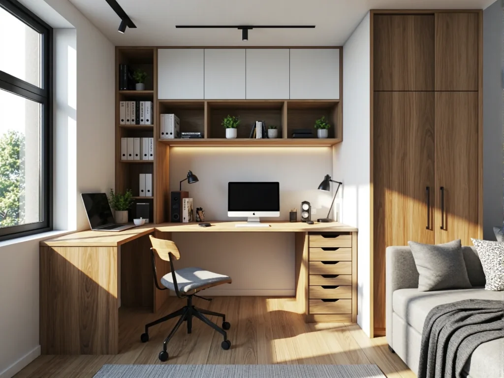 Narożne biurko dąb craft z kontenerkiem na szuflady i nadstawką