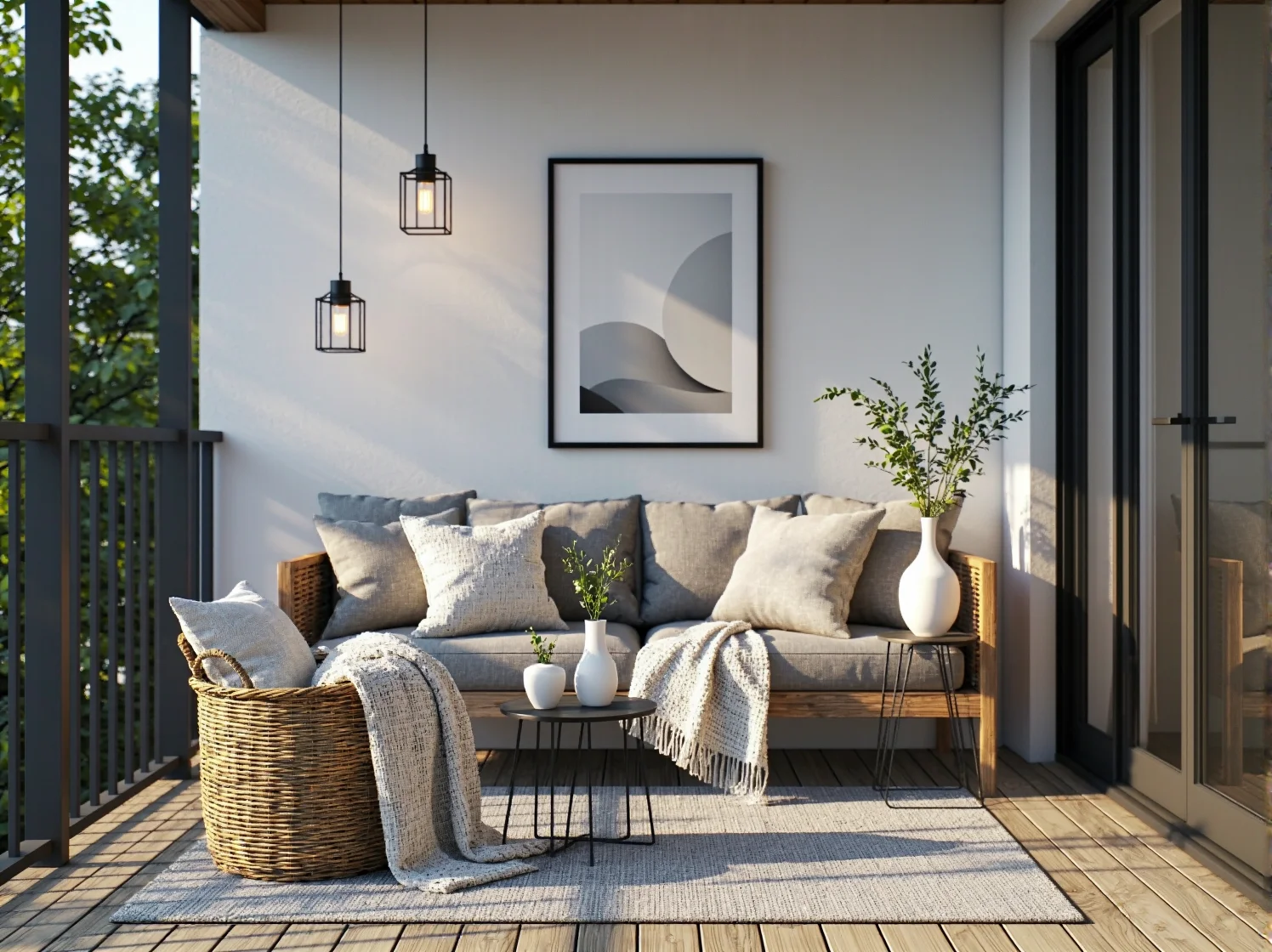 Zbliżenie na dekoracyjne latarenki LED ocieplające przestrzeń balkonu w stylu nordyckim.