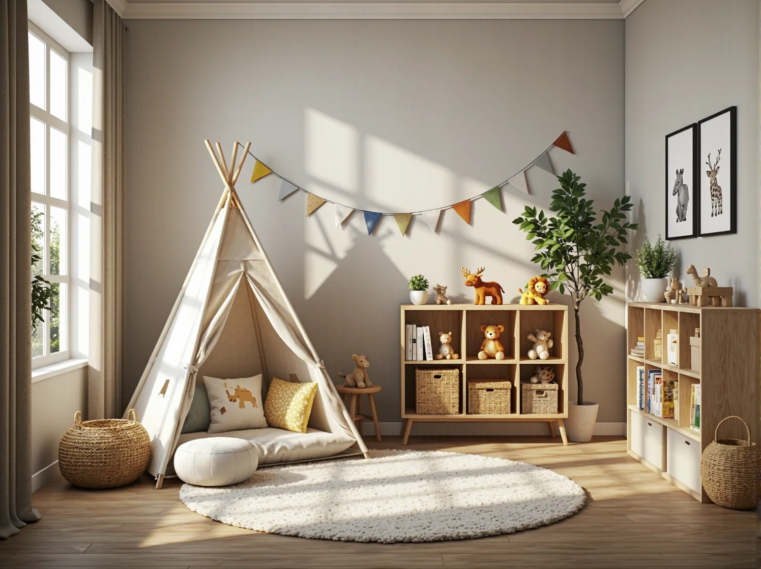 Nowoczesne dekoracje safari w pokoju niemowlaka z pluszowymi żyrafami i lwem.