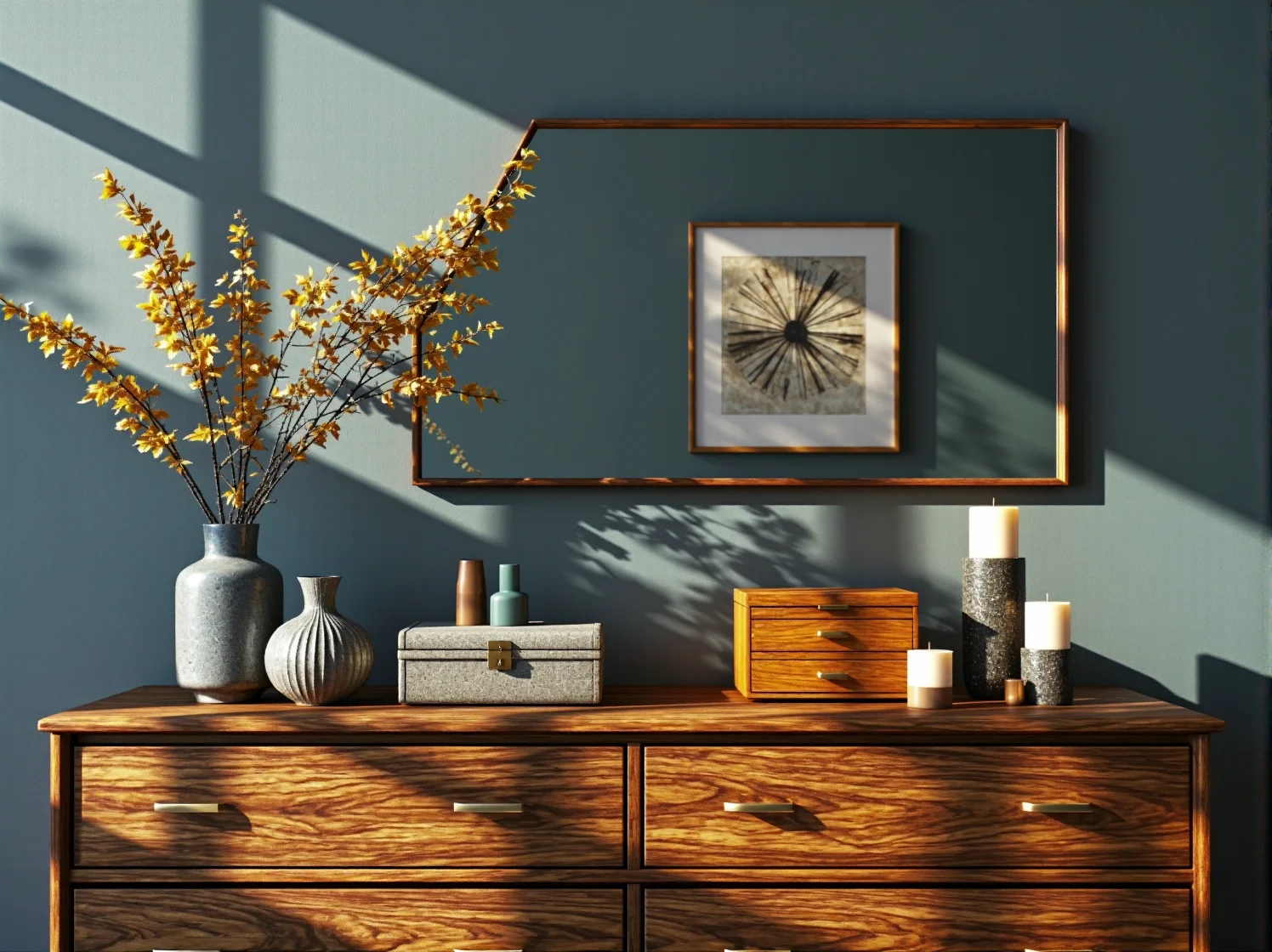 Detale dekoracyjne łączące stare z nowym: wazon vintage na nowoczesnym regale industrialnym.