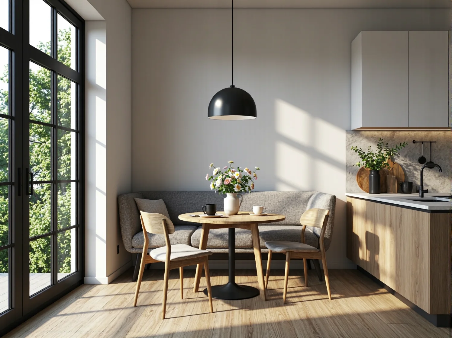 Dekoracyjne podświetlenie przeszklonych witryn kuchennych podkreślające nowoczesny design wnętrza.