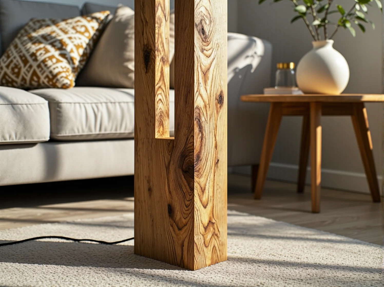 Designerska lampa stojąca o dużym zasięgu, dopasowana proporcjami do przestronnego, nowoczesnego wnętrza.