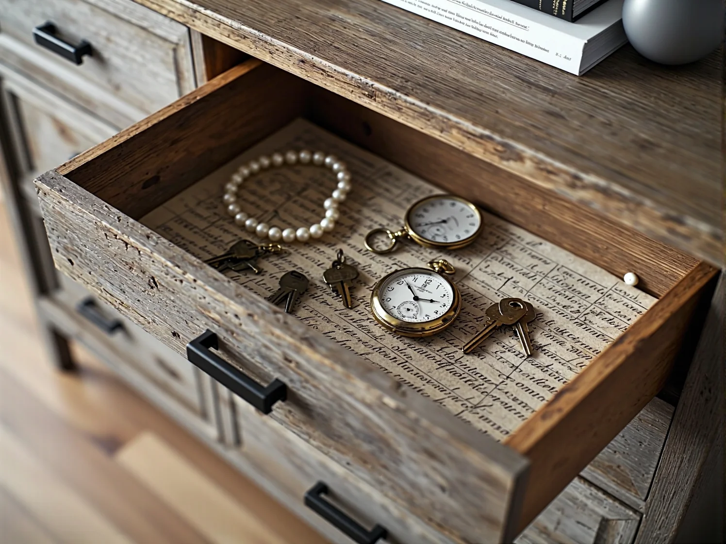 Zbliżenie na postarzany blat i detale wykończenia rustykalnej komody z motywami retro.