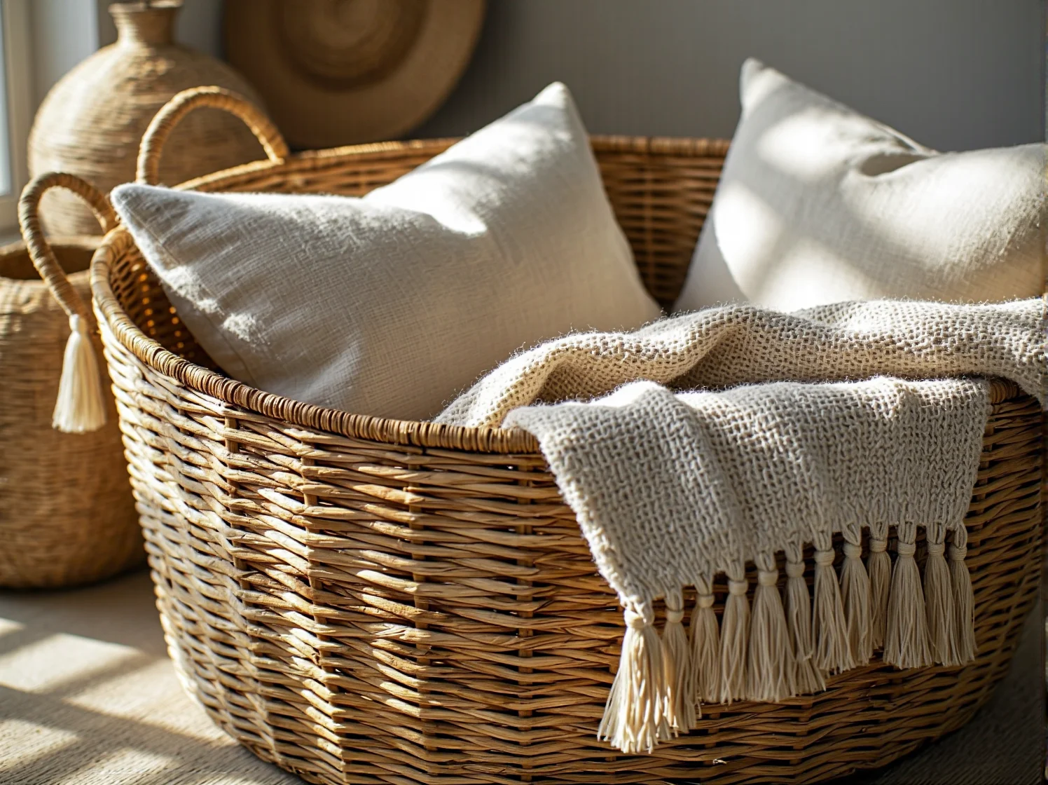 Dekoracyjne dodatki z wikliny i bawełny w jasnym salonie pełnym harmonii i spokoju.