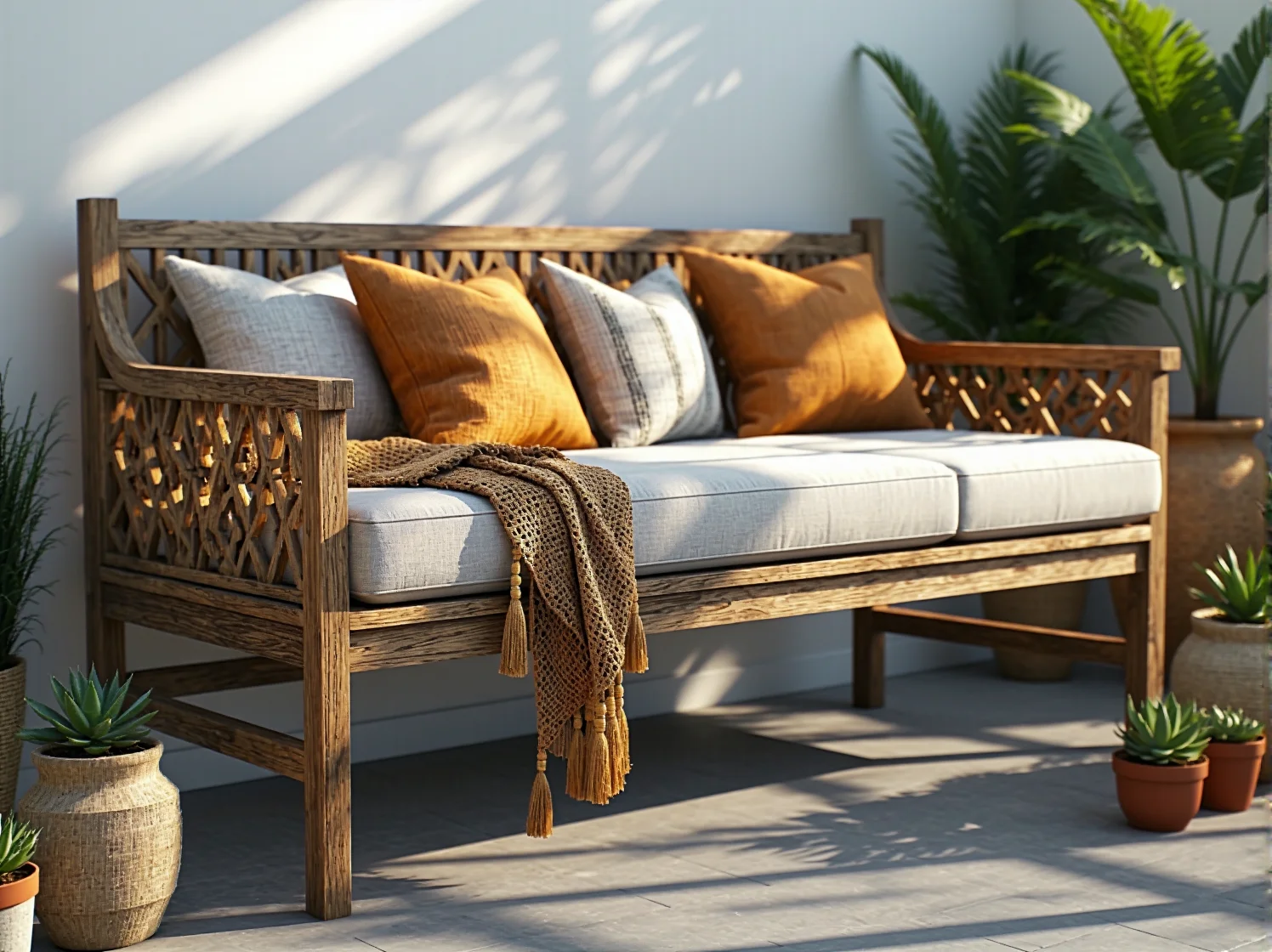 Drewniana ławka w stylu boho z dekoracyjnymi poduszkami, idealna na taras.