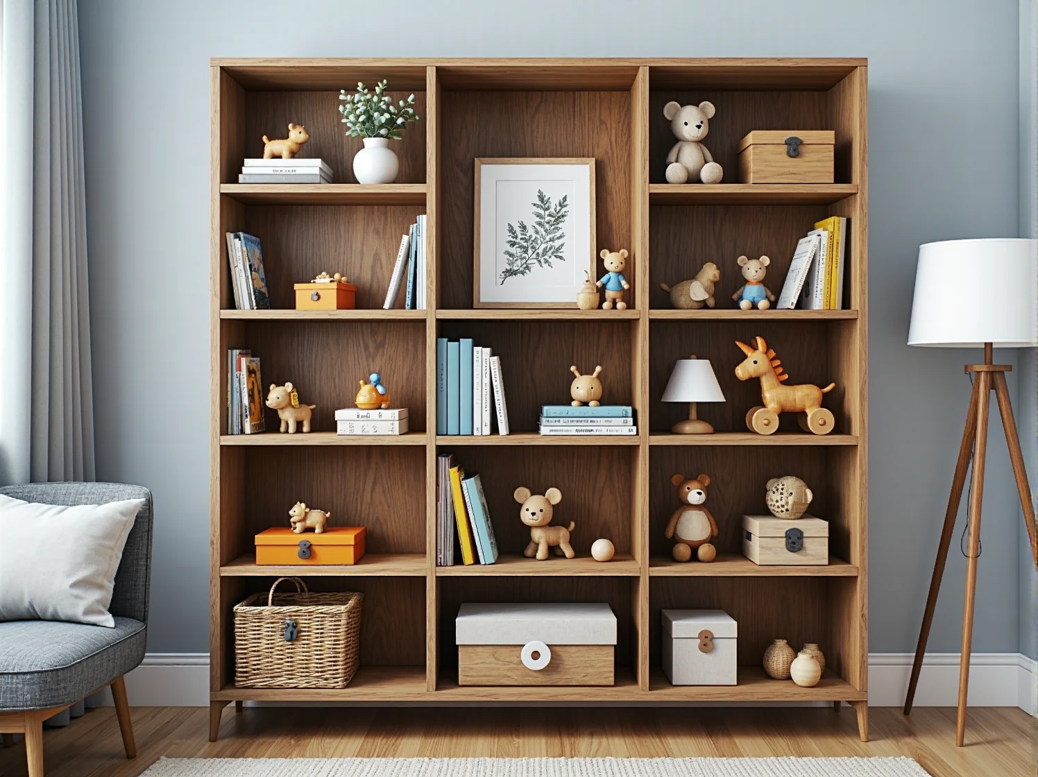 Drewniany regał retro z ozdobami, dopasowany do aranżacji pokoju dziecięcego.