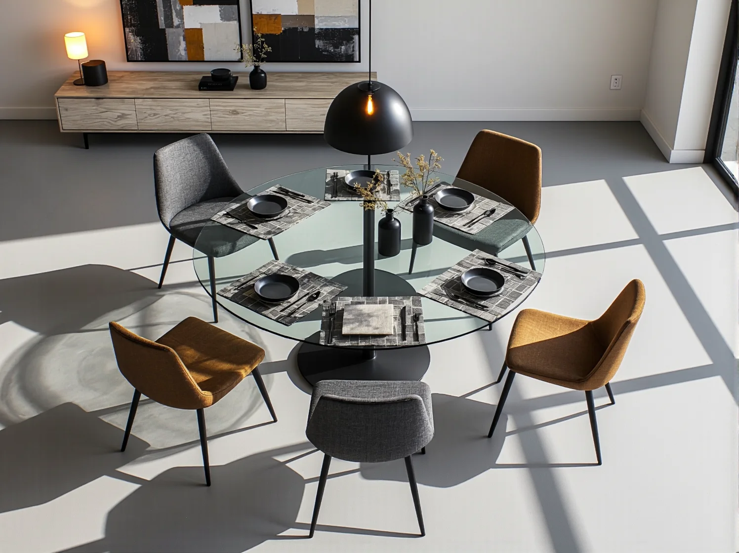 Zbliżenie na solidny dębowy blat stołu i wysokiej jakości tkaninę tapicerską krzeseł jadalnianych.