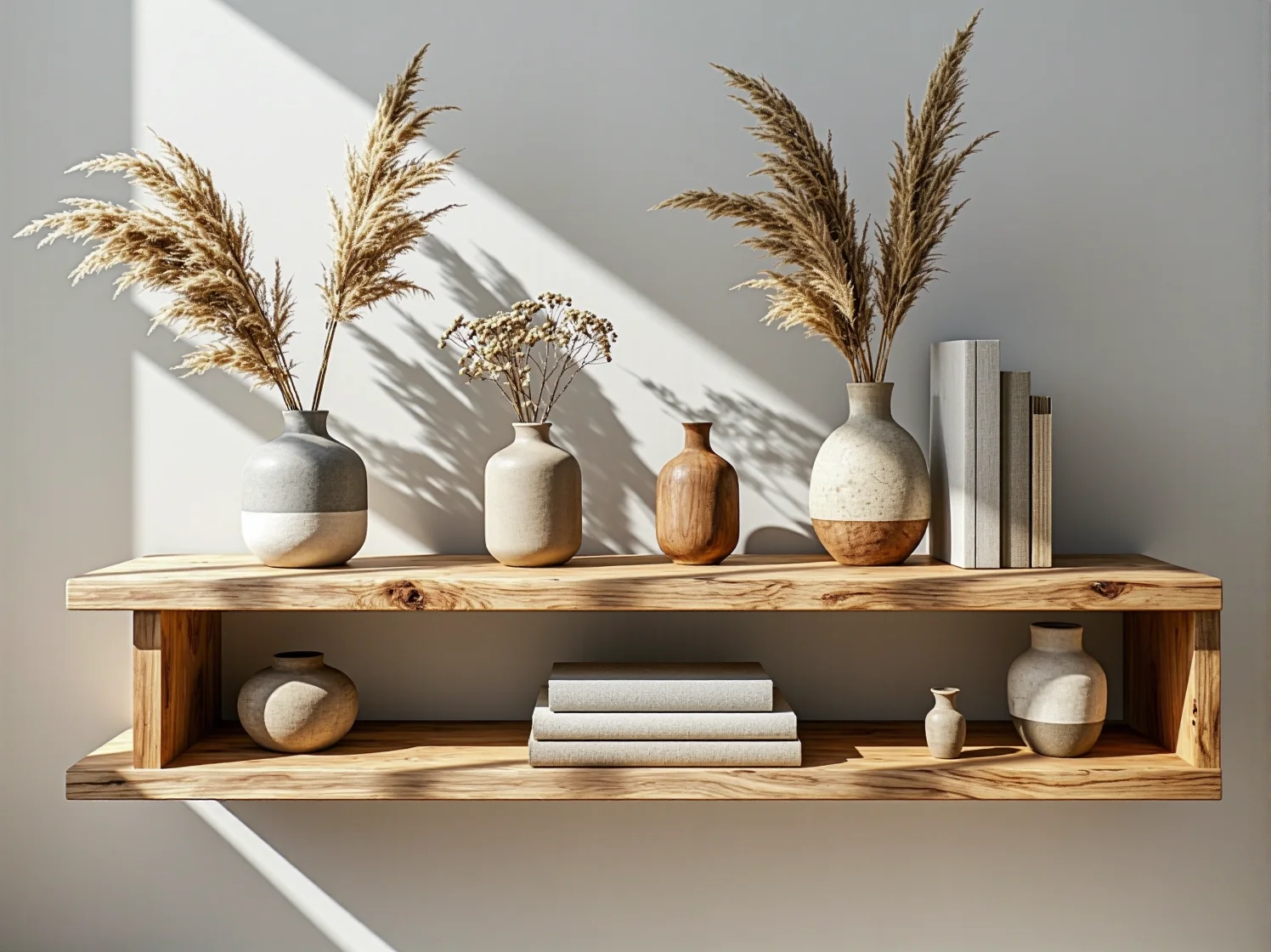 Nowoczesny salon z drewnianym stolikiem kawowym i roślinami doniczkowymi w naturalnym stylu.