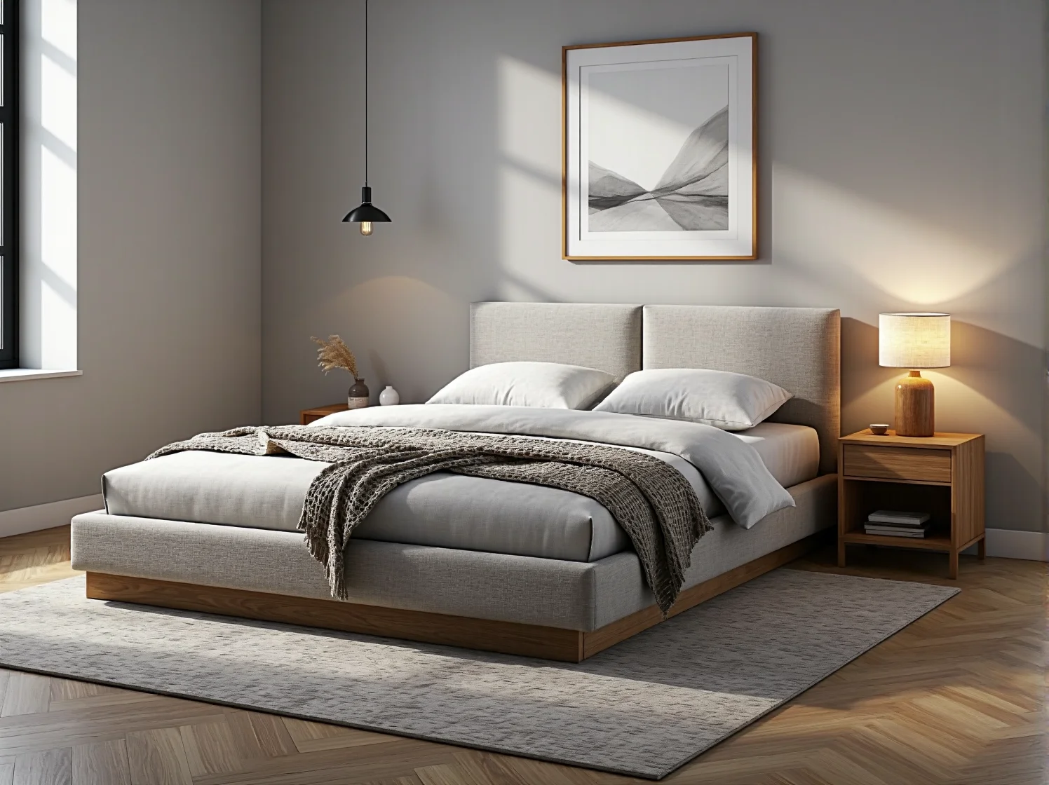 Duży dębowy stół w jadalni urządzonej w stylu skandynawskim łączący minimalizm z funkcjonalnością.