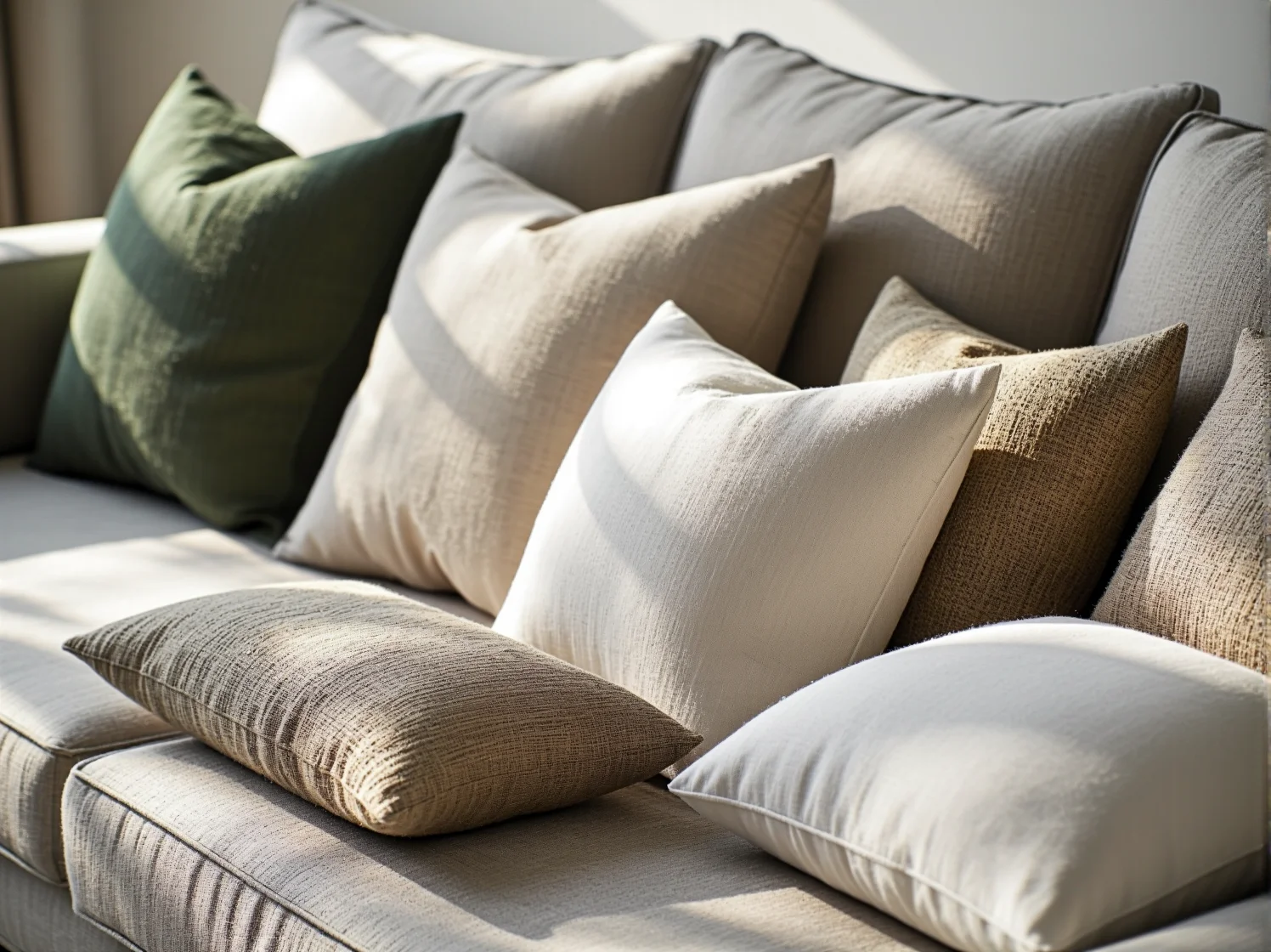 Elegancka sofa w neutralnym kolorze, wykonana z naturalnych materiałów, w przytulnym salonie.