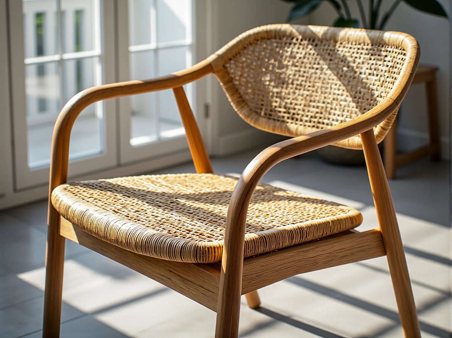 Mała jadalnia w stylu skandynawskim z kompletem ekologicznych, drewnianych krzeseł.