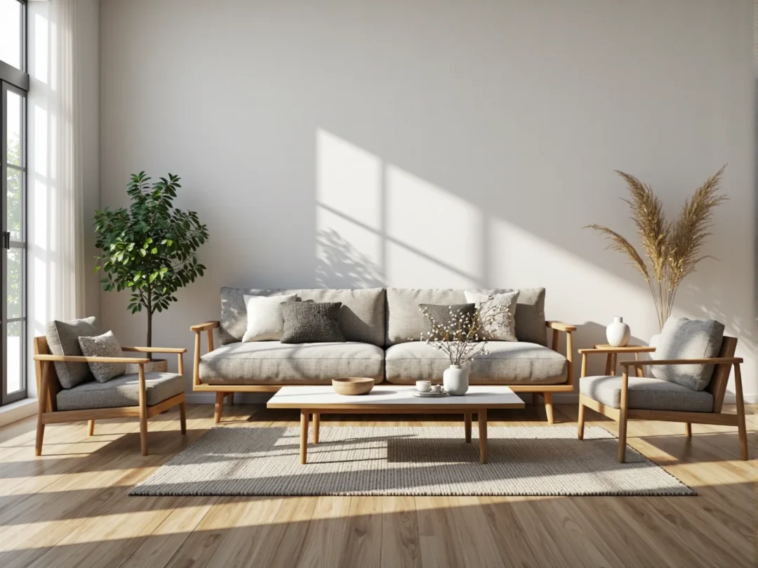 Skandynawski zestaw wypoczynkowy szary z drewnianą ramą dębową