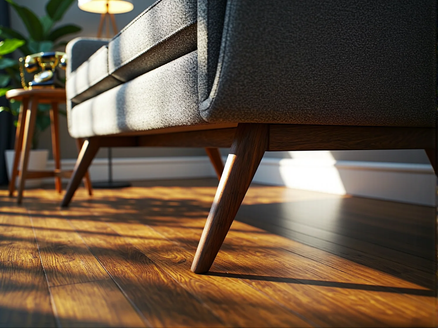 Aranżacja salonu z elegancką sofą w stylu retro i pasującymi do niej fotelami.