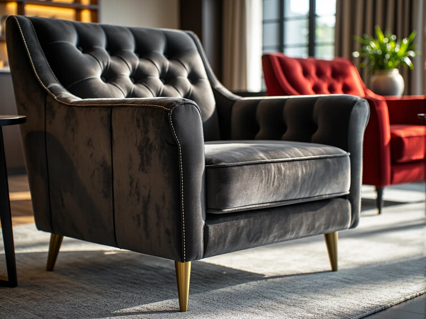 Elegancki fotel glamour z welurową tapicerką, idealny do nowoczesnego lobby hotelowego.