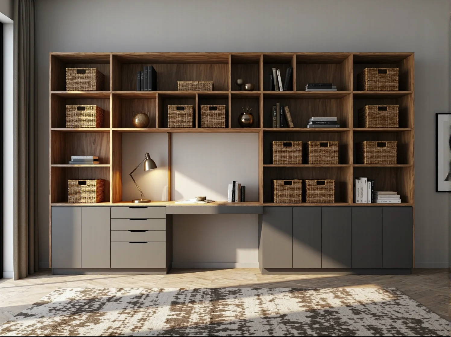 Aranżacja eleganckiego biura z funkcjonalnymi regałami modułowymi glamour.