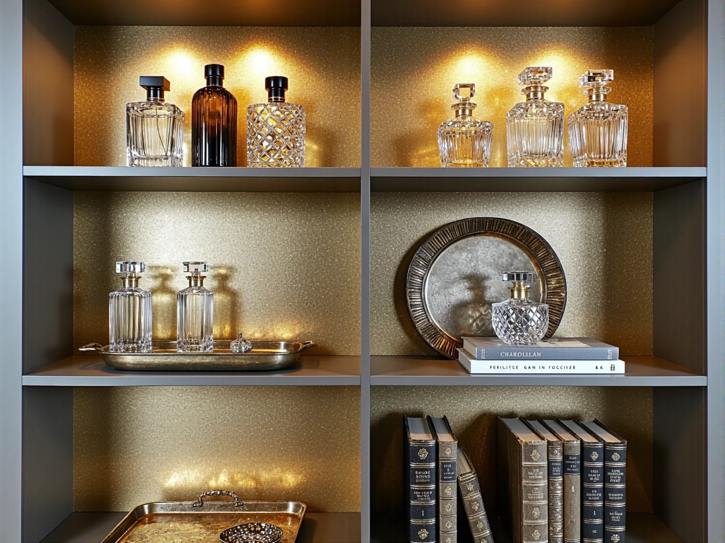 Elegancka aranżacja regału glamour z dekoracjami w nowoczesnym wnętrzu.