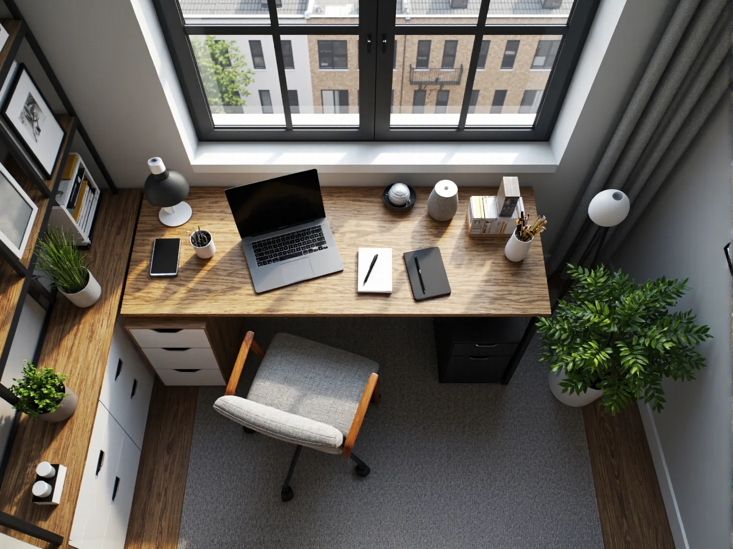 Stylowy kącik do pracy zdalnej w sypialni z optymalnym oświetleniem biurkowym.