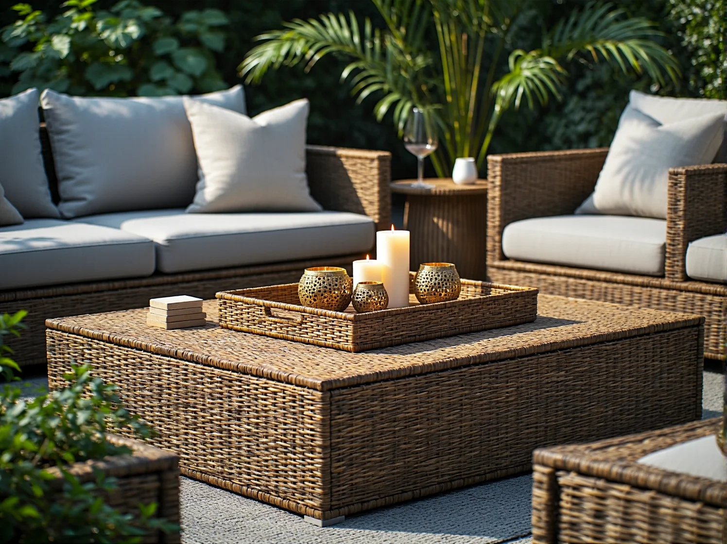 Funkcjonalna sofa rattanowa z miękkimi poduszkami zapewniająca komfort w ogrodowej strefie relaksu.