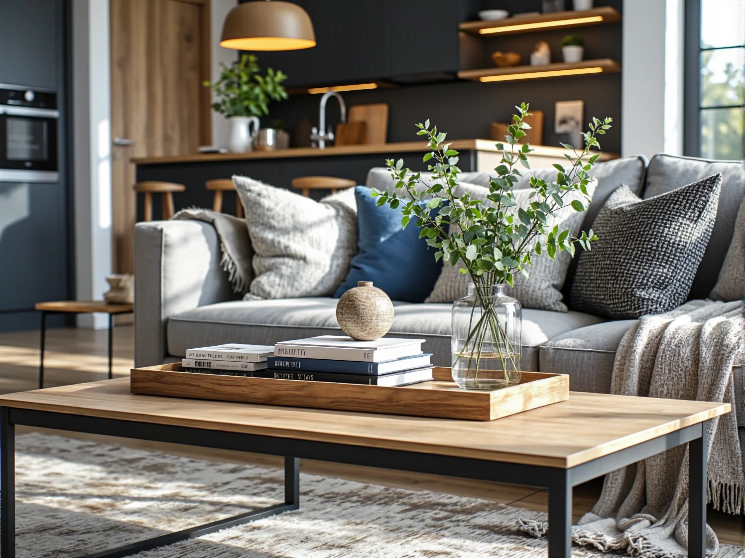 Funkcjonalna strefa wypoczynkowa w małym salonie oddzielona od kuchni stylową wyspą