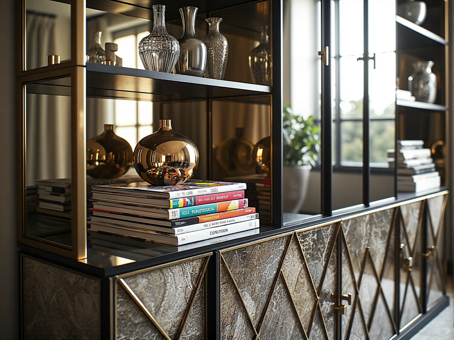 Geometryczny regał glamour ze szklanymi półkami i metalową konstrukcją.
