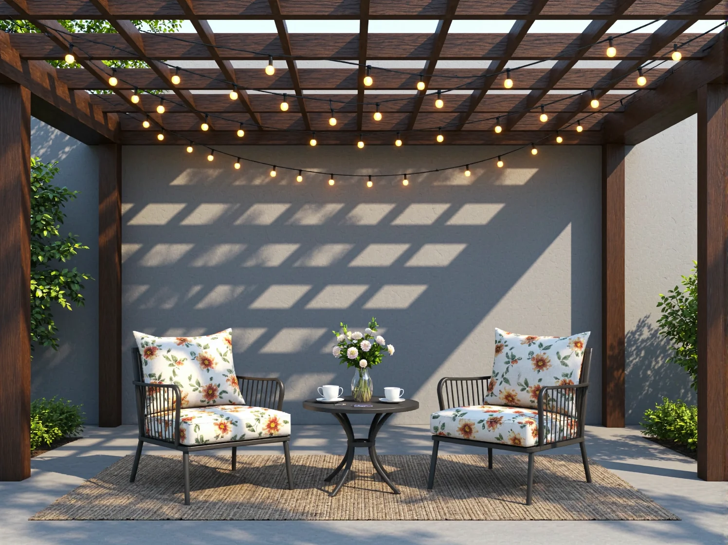 Delikatne girlandy solarne o ciepłej barwie zdobiące konstrukcję pergoli w ogrodzie.