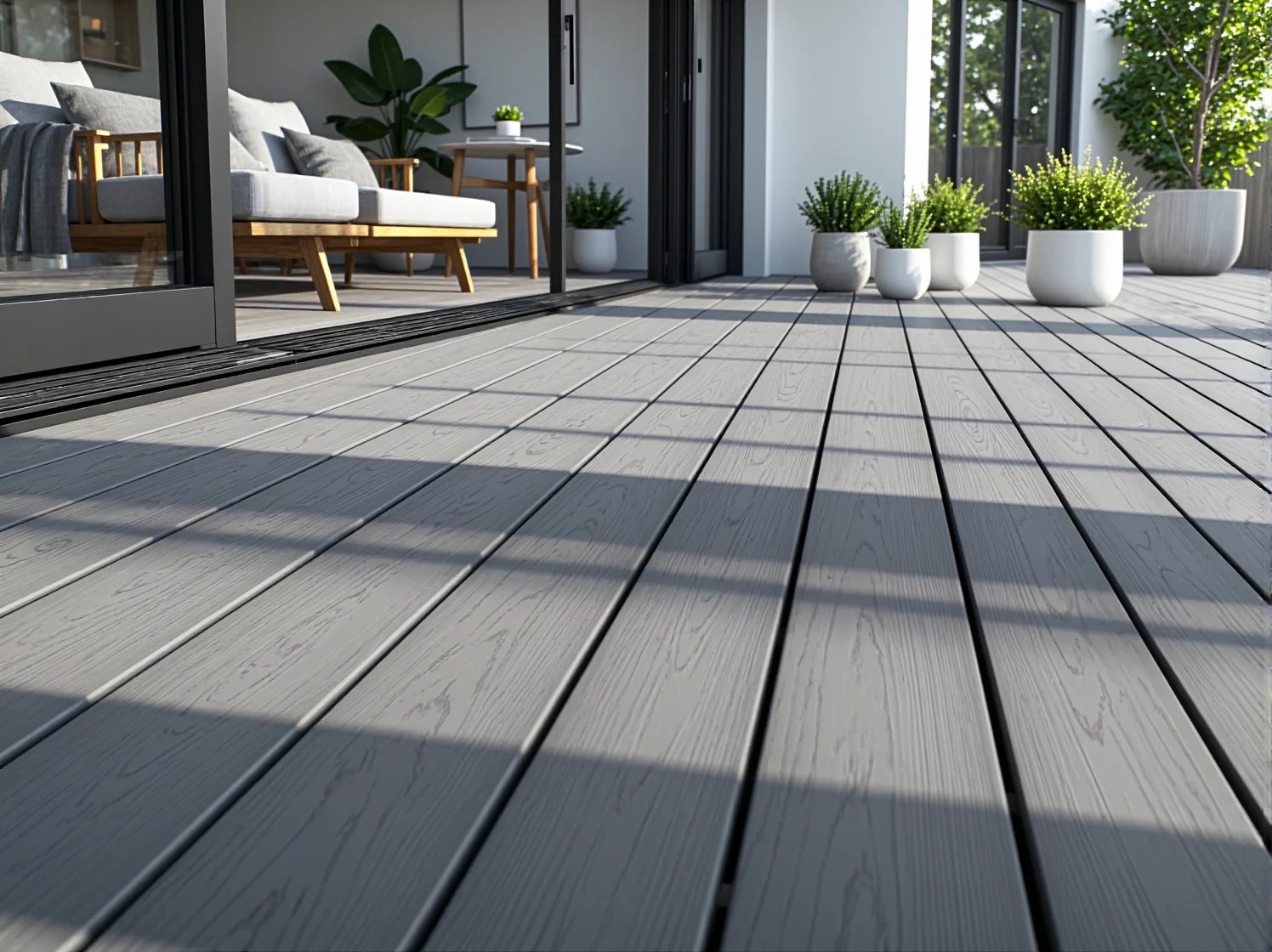 Wieczorny klimat na tarasie skandynawskim z girlandami LED i wygodnymi fotelami w kolorze szarym.