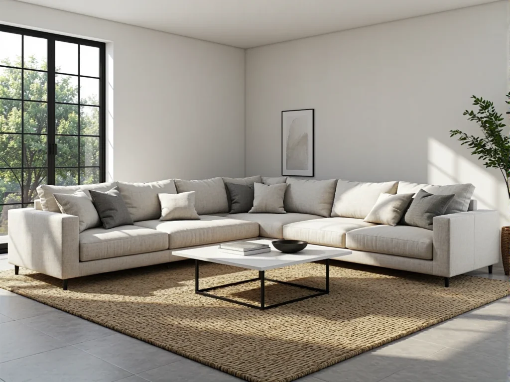 Narożnik tapicerowany beżowy z poduszkami dekoracyjnymi i metalowymi nóżkami