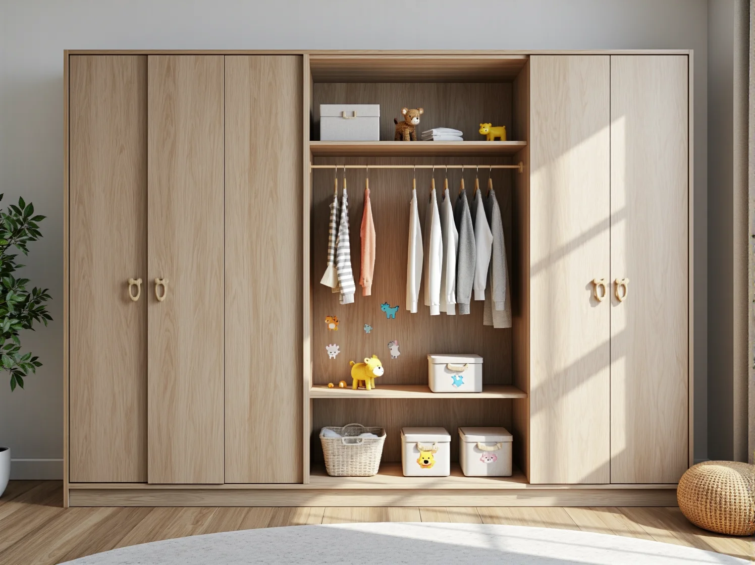 Kącik do zabawy w pokoju dziecięcym z dywanem w kształcie tygrysa i figurkami zwierząt.