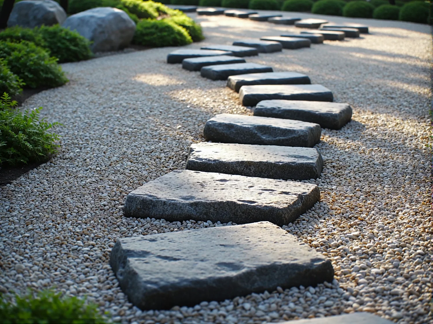 Kamienna latarnia jako centralny punkt oświetlenia w minimalistycznym ogrodzie w stylu zen.