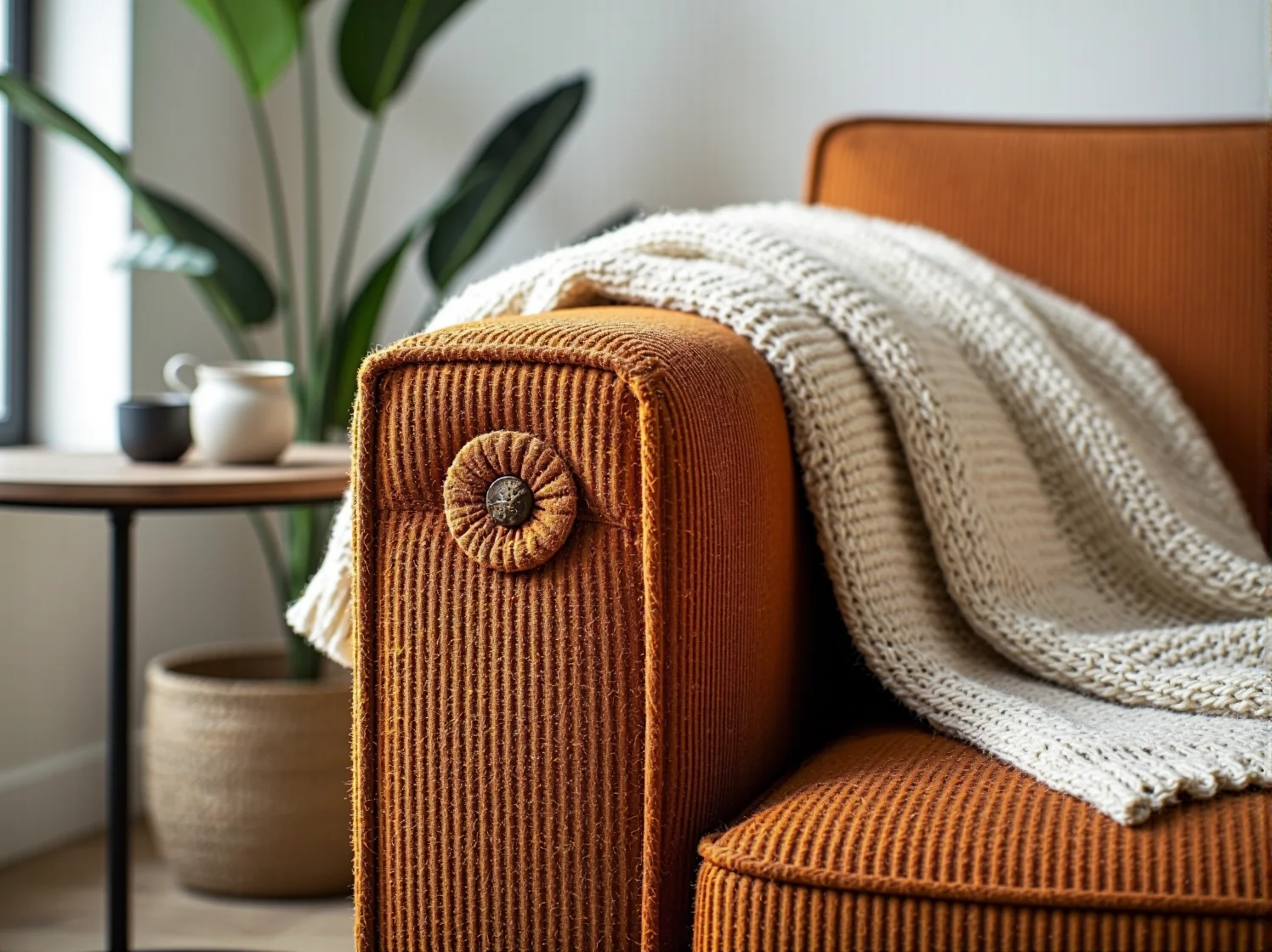 Zbliżenie na charakterystyczne, drewniane nóżki i tapicerkę kanapy retro.