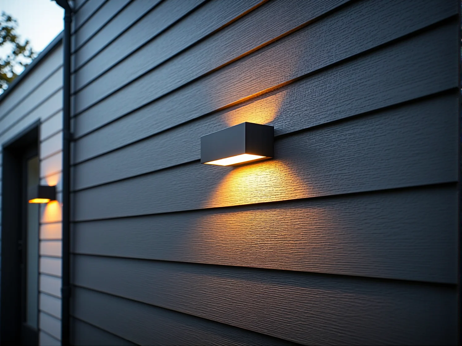 Czarny kinkiet zewnętrzny o geometrycznym kształcie, oświetlający ścianę nowoczesnego budynku.