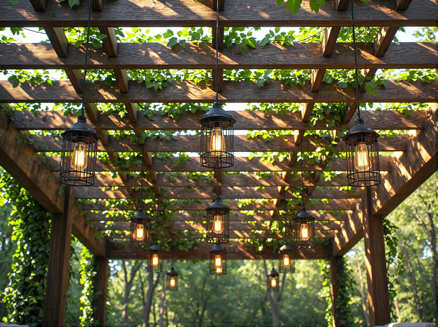 Stylowa lampa solarna ścienna w klimacie vintage zamontowana na belce pergoli.