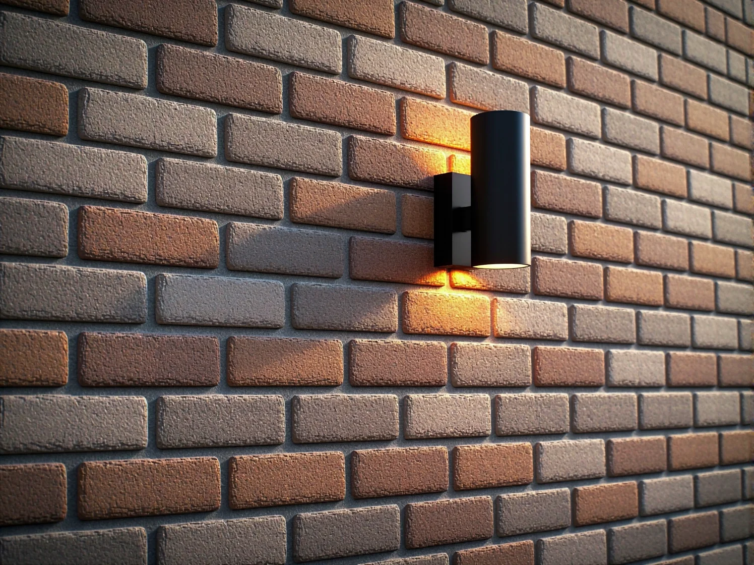 Zewnętrzne kinkiety góra-dół podkreślające fakturę elewacji z klinkieru ciepłym światłem.