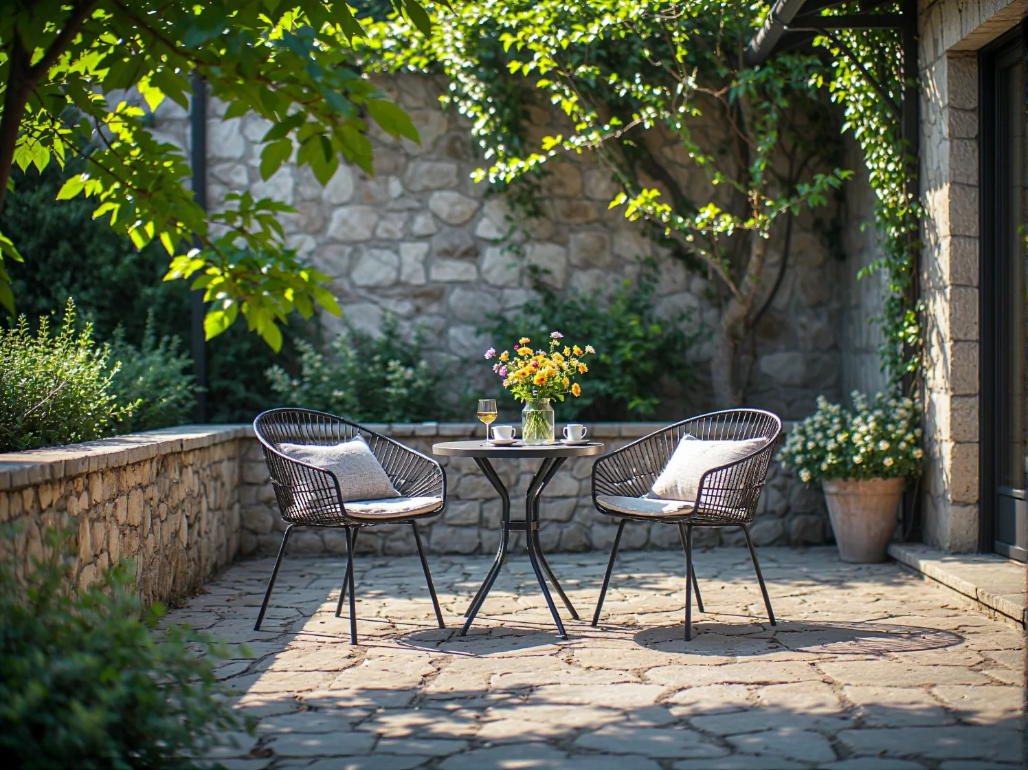 Komfortowe meble wypoczynkowe w zacisznym kąciku ogrodu sprzyjające wyciszeniu i relaksowi.