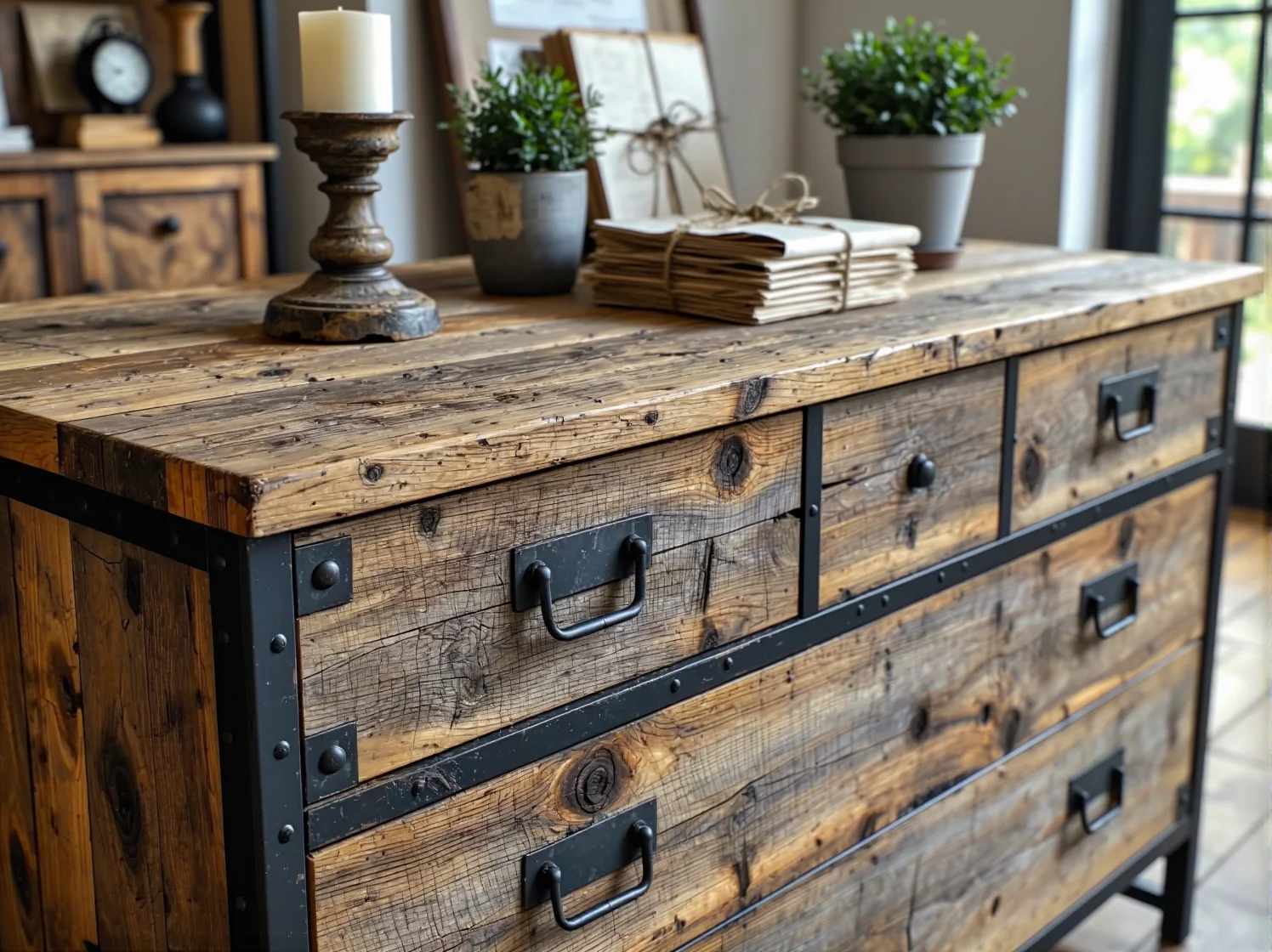 Stylowa komoda rustykalna vintage z litego drewna z ozdobnymi, metalowymi uchwytami.