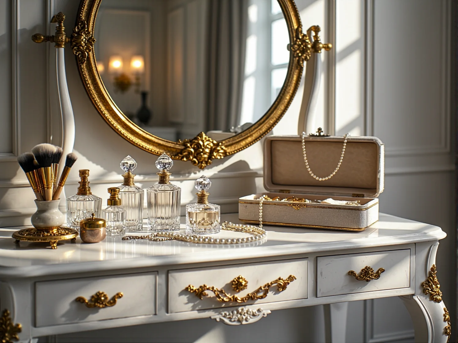 Kryształowa lampa stołowa na antycznej szafce nocnej, oświetlająca sypialnię w stylu vintage glamour.